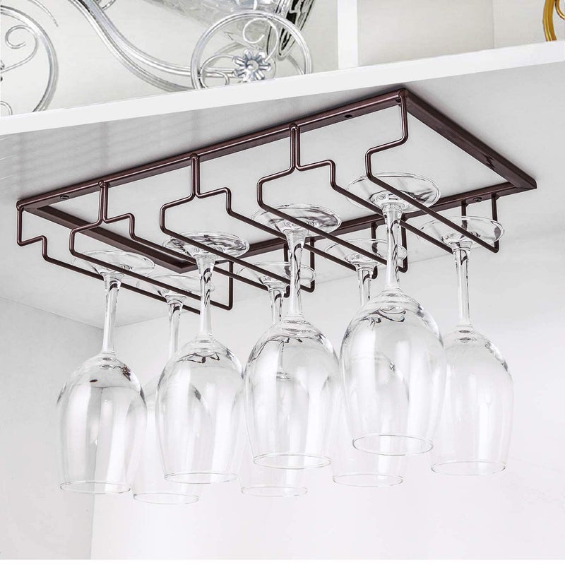 FOMANSH Wine Glass Rack - Under Cabinet Stemware Wine Glass Holder Glasses Storage Hanger 2 Pack Metal Organizer for Bar Kitchen 4 Rows Brown - Image 5